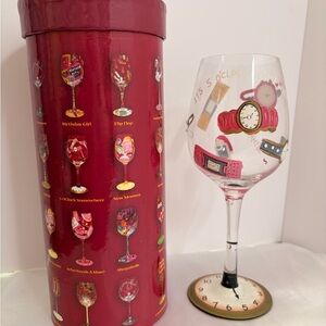 Lolita Red Wine Glass with Pink and Gold Watch Motif ‘5 o’clock Somewhere’